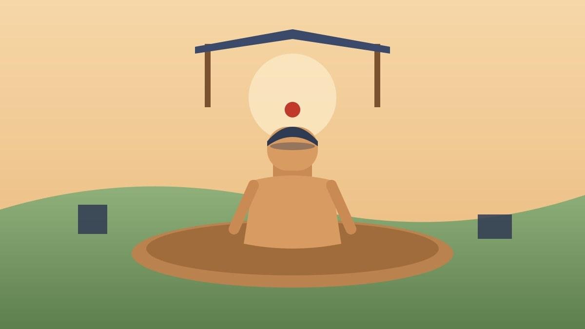 Figura de argila de estilo antigo, com vestes claras e faixa escura, parada sobre uma base de terra em um cenário de colinas verdes sob céu quente.