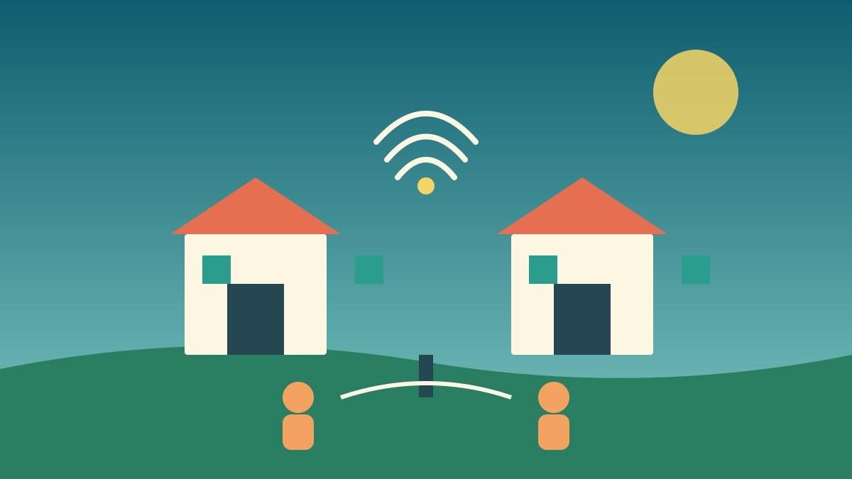 Fachada de uma unidade de assistência social com antenas de Wi-Fi emitindo sinais, sob céu azul-esverdeado com sol, ao lado de duas figuras genéricas em um gramado.