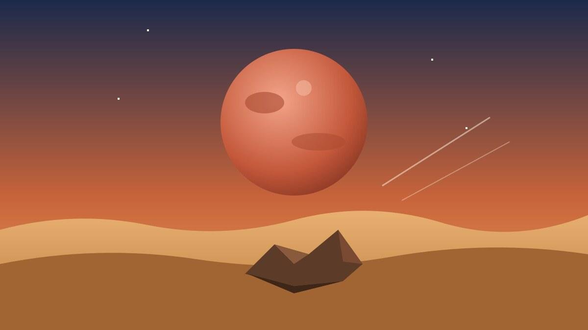 Um planeta avermelhado grande surge no céu crepuscular sobre dunas douradas, e em primeiro plano repousa uma pedra escura e angulosa, símbolo de um meteorito vindo de Marte.