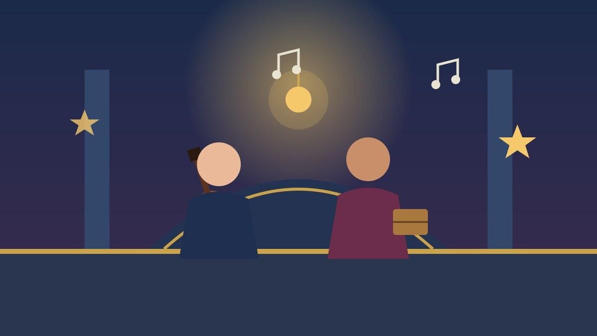 Saguão de hotel elegante em tons noturnos, com colunas, lustre dourado e duas figuras sem rosto de pé no piso, uma delas segurando um baixo, cercadas por notas musicais e estrelas douradas.