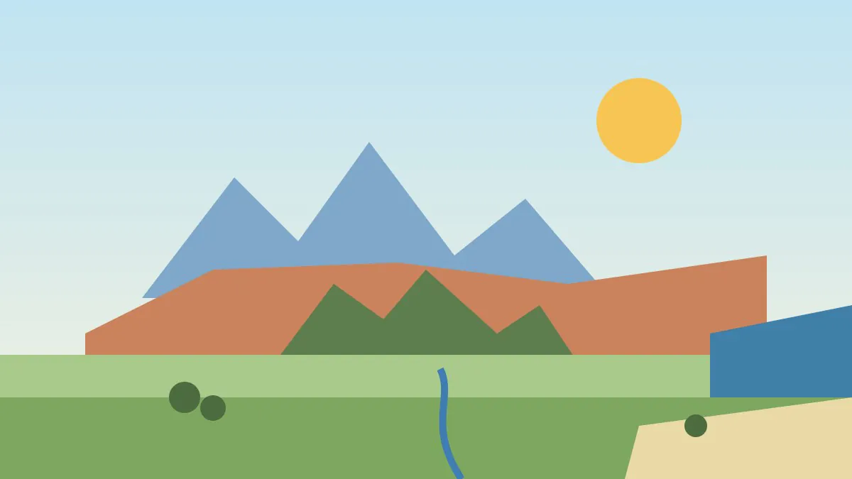 Paisagem em camadas com serras azuladas e verdes, planaltos em tons de terra, planícies verdes, um rio sinuoso, sol ao fundo e uma faixa de mar com areia à direita, representando o relevo brasileiro.